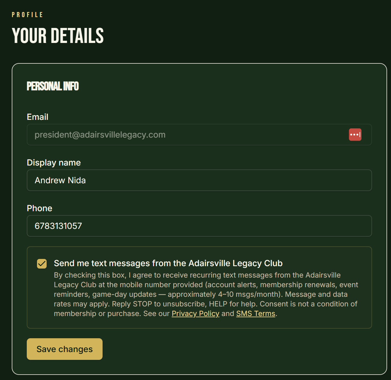 Member Portal Personal Info card showing the unchecked 'Send me text messages from the Adairsville Legacy Club' checkbox with the full SMS consent disclosure text below it.