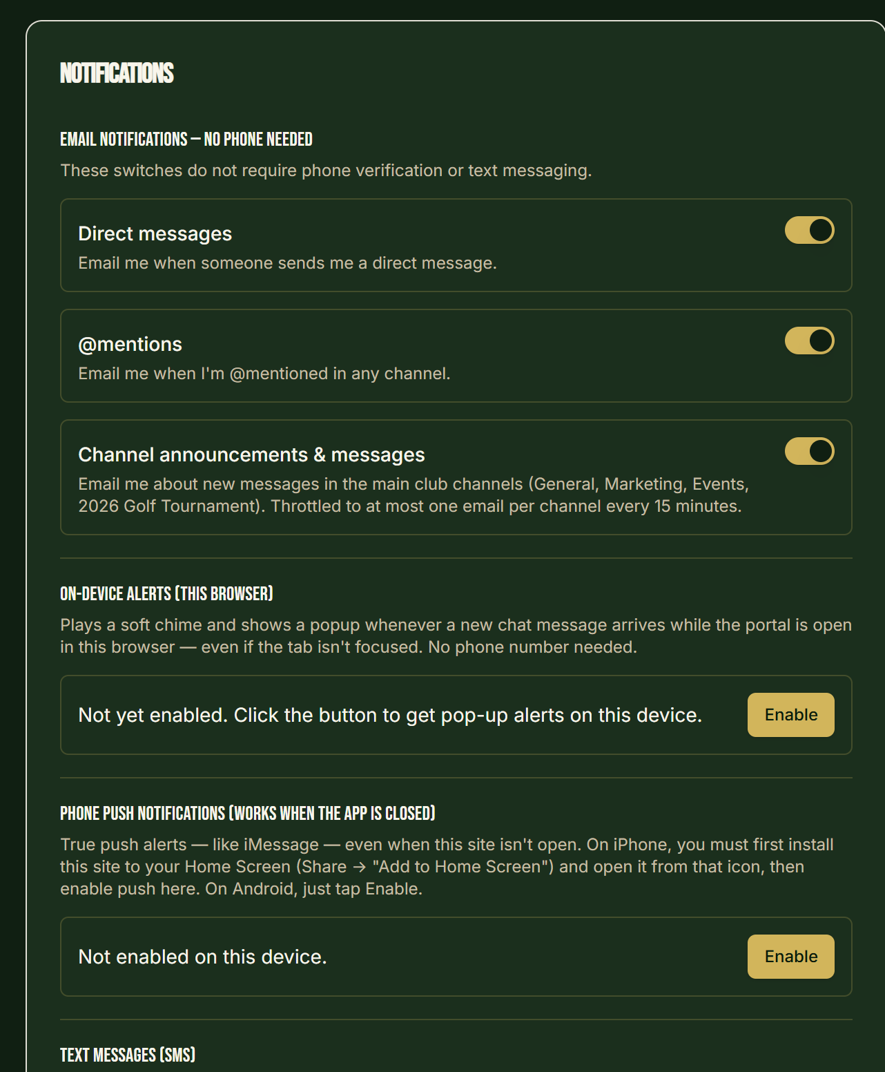 Member Portal Notifications panel showing separate email notification toggles that do not require a phone number.