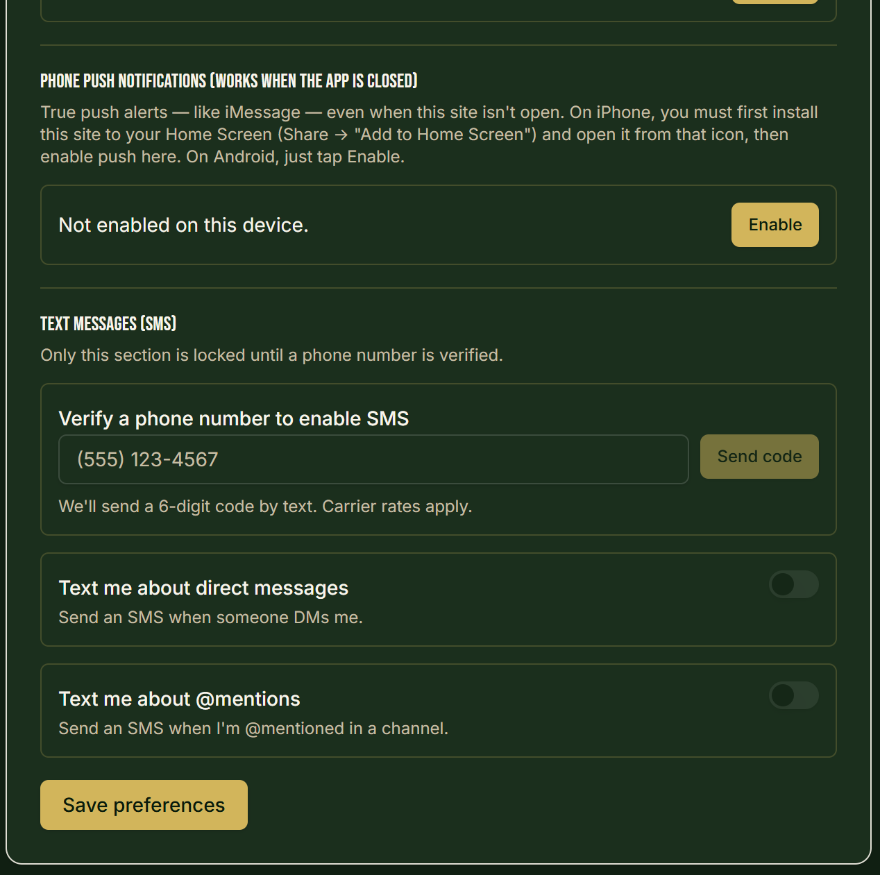 Phone verification step: user enters mobile number, clicks Send code, and receives a 6-digit SMS code to confirm ownership before any SMS toggles unlock.